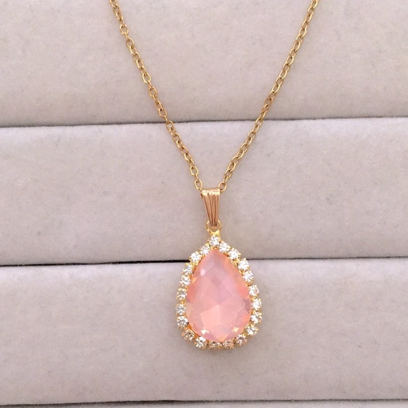 Jewelry - Peach Pink Opal Aurora Borealis + Gold Crystal Halo Pear Drop Pendant Necklace